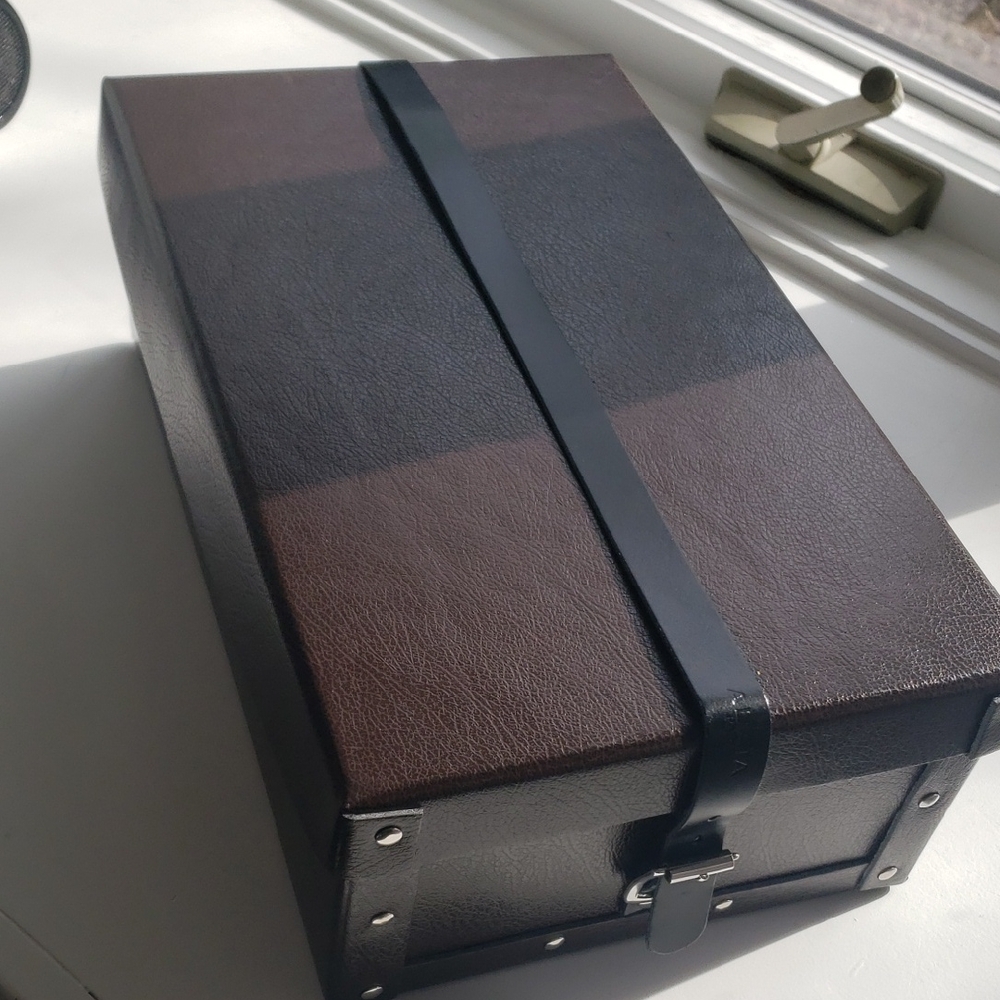 Brown and Black Shoe Box Bag with buckle and leather belt